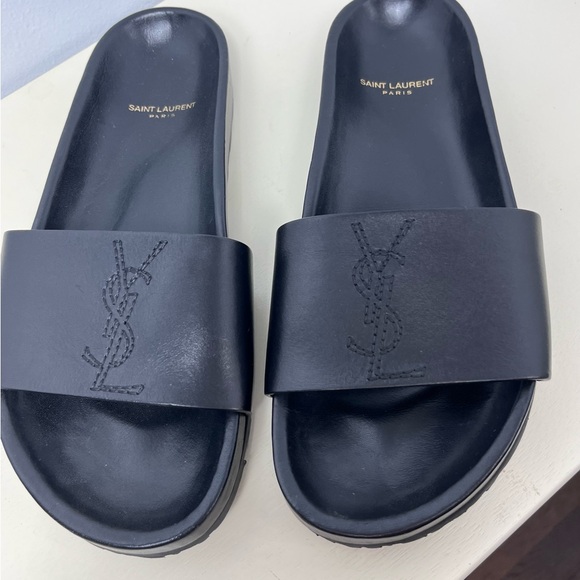 Saint Laurent Black Logo Slide Sandals - Embroided Logo - Picture 1 of 10